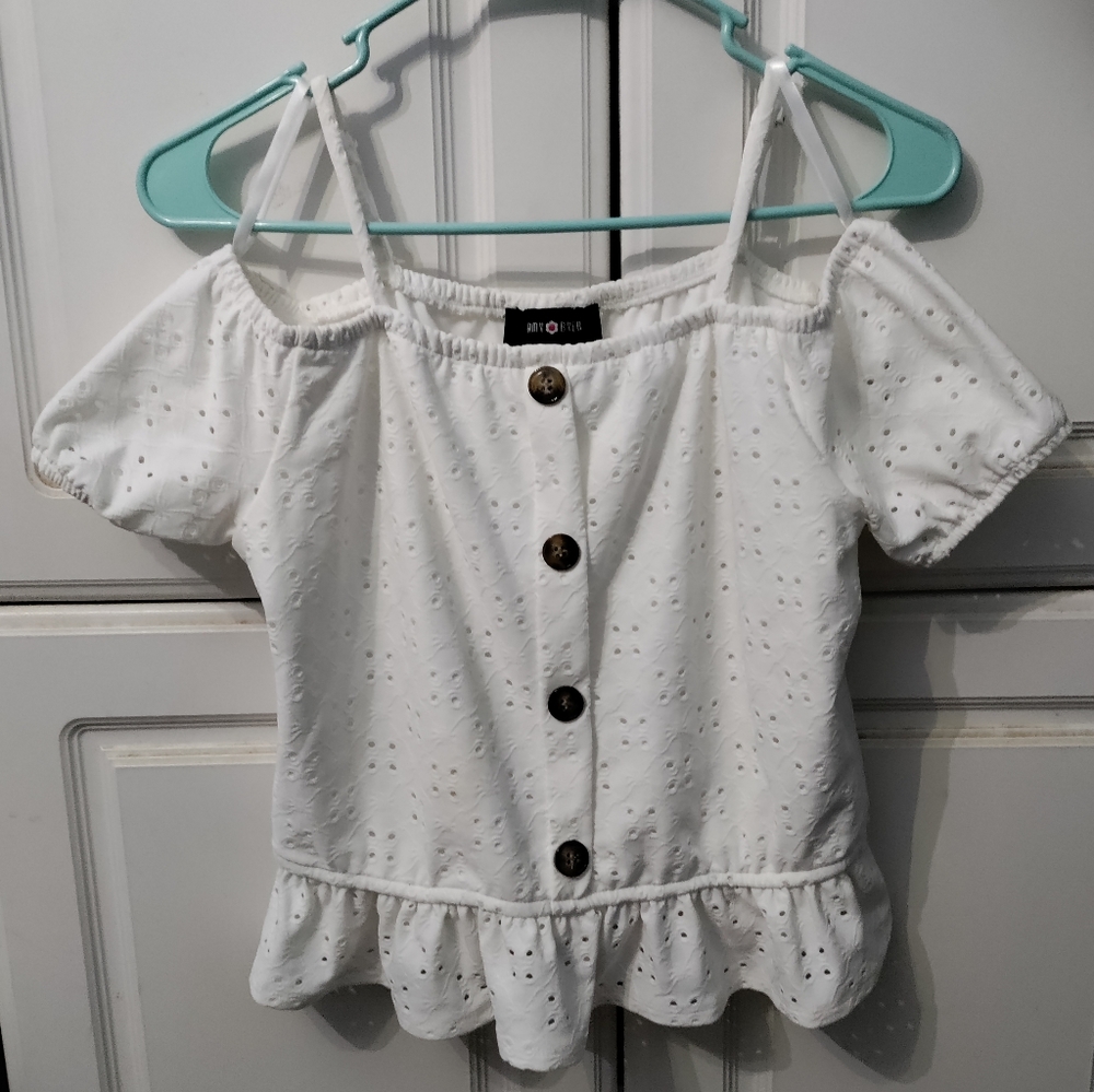 White juniors ruffle off the shoulder top